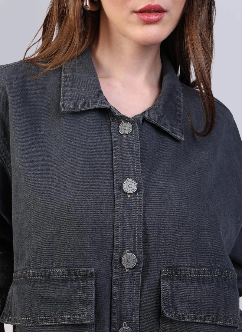 Urbano Fashion  Urbano Fashion Women's Grey Relaxed Fit Full Sleeve Utility Denim Jacket for Women | Best Price UAE